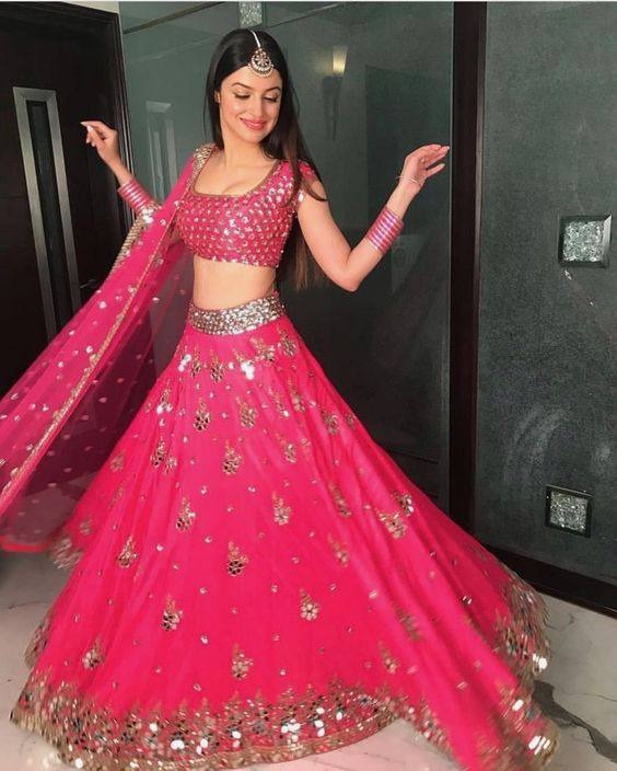 Gorgeous Rani Pink Color Mirror Embroidered Work Georgette Lehenga Choli For Wedding Wear