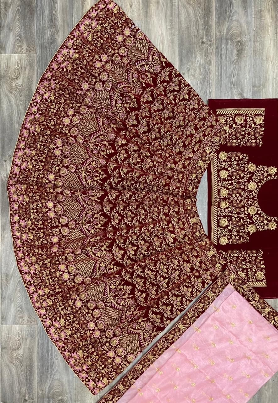 Trendy Maroon Color Velvet Embroidered Work Wedding Wear Lehenga Choli
