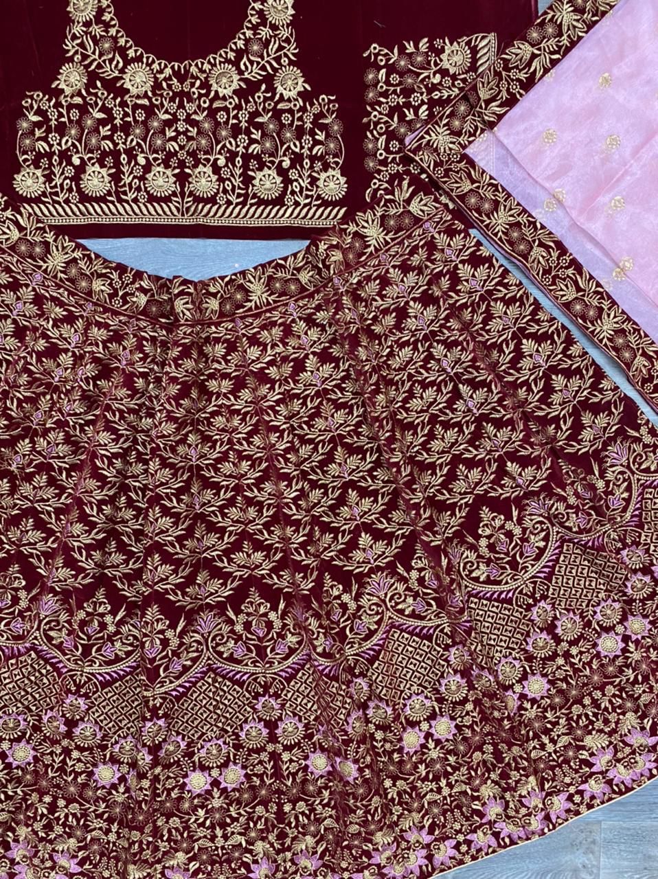 Trendy Maroon Color Velvet Embroidered Work Wedding Wear Lehenga Choli