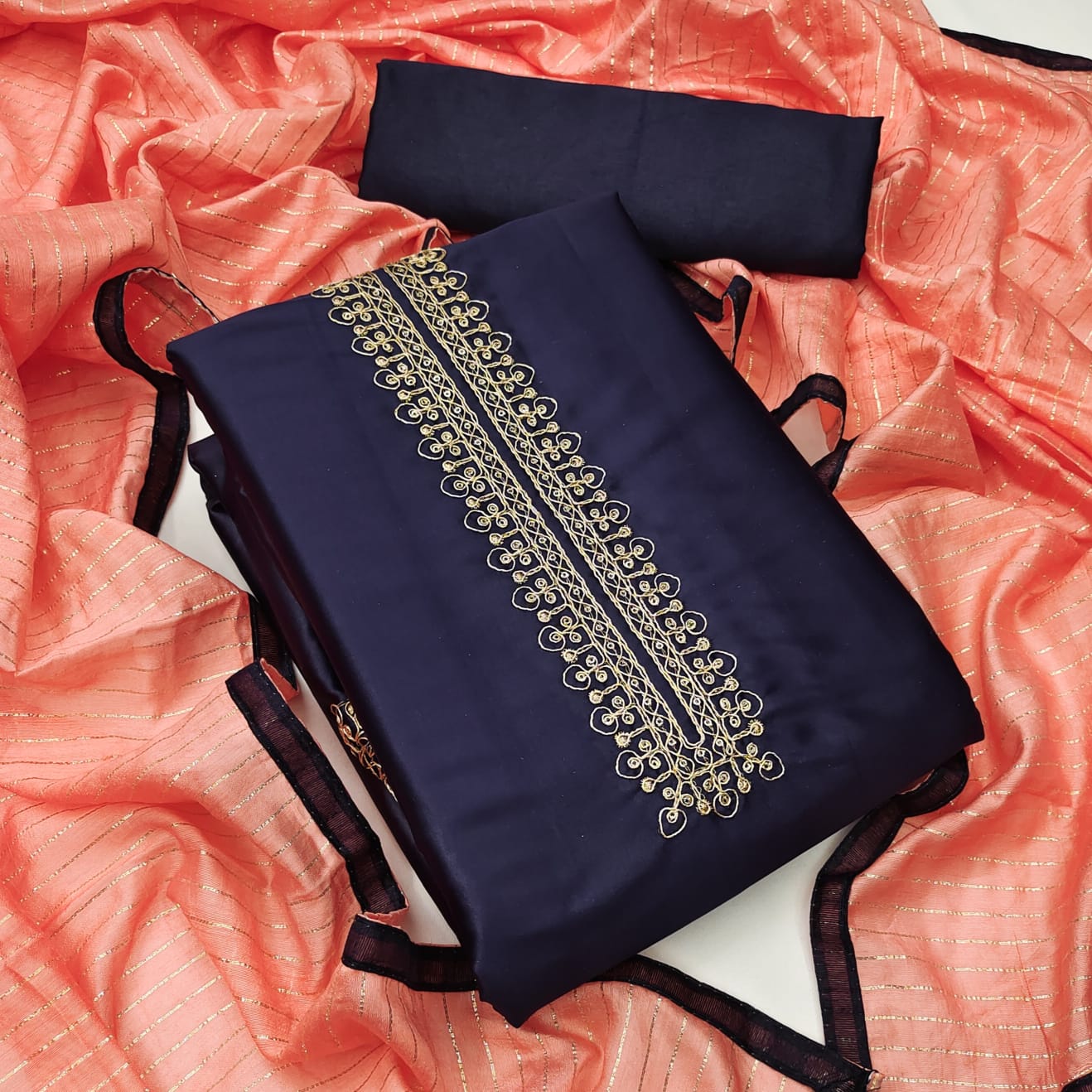 Shanaya Silk Unstitched Tie Belt Codding Work Dress Material Design Online