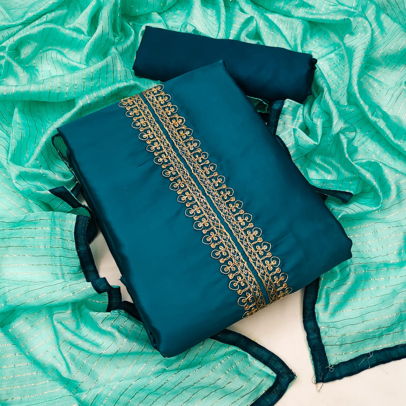 Shanaya Silk Unstitched Tie Belt Codding Work Dress Material Design Online