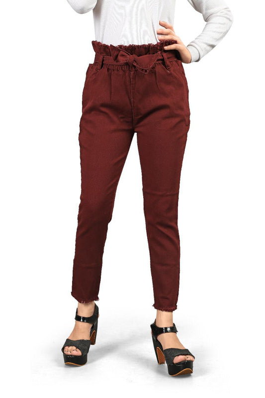 Exclusive Maroon Color Denim Belt Knockout Pant For Ladies