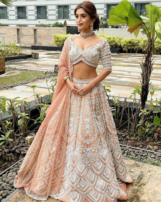 Wondrous Off White Color Wedding Wear Embroidered Work Silk Lehenga Choli