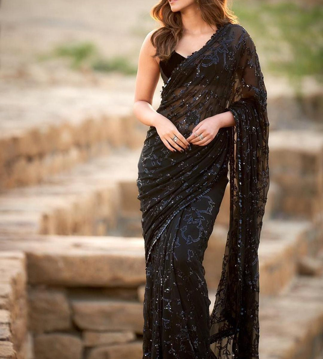 Tremendously Black Color Georgette Sequence Work Saree Blouse For Wedding Wear