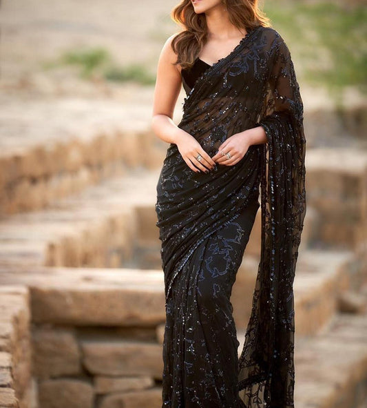 Tremendously Black Color Georgette Sequence Work Saree Blouse For Wedding Wear