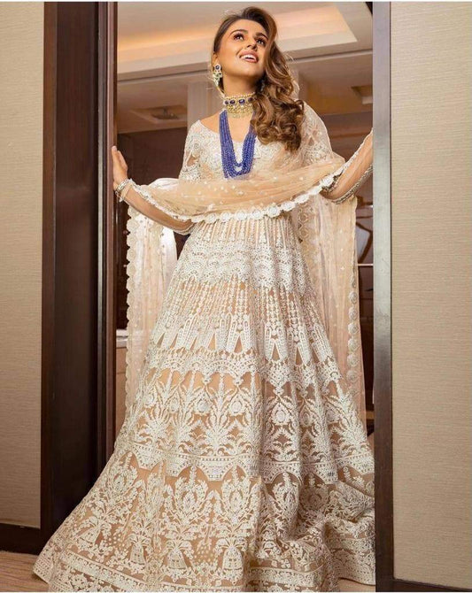 Imperial Cream Color Party Wear Net Embroidered Work Salwar Suit For Festive Wear
