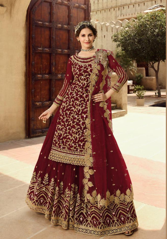 Designer Red Color Net Embroidered Work Wedding Wear Salwar Suit