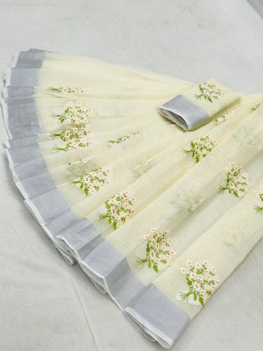 Spectacular Off White Color Classic Flower Printed Designer Modal Patta Cotton Saree Blouse