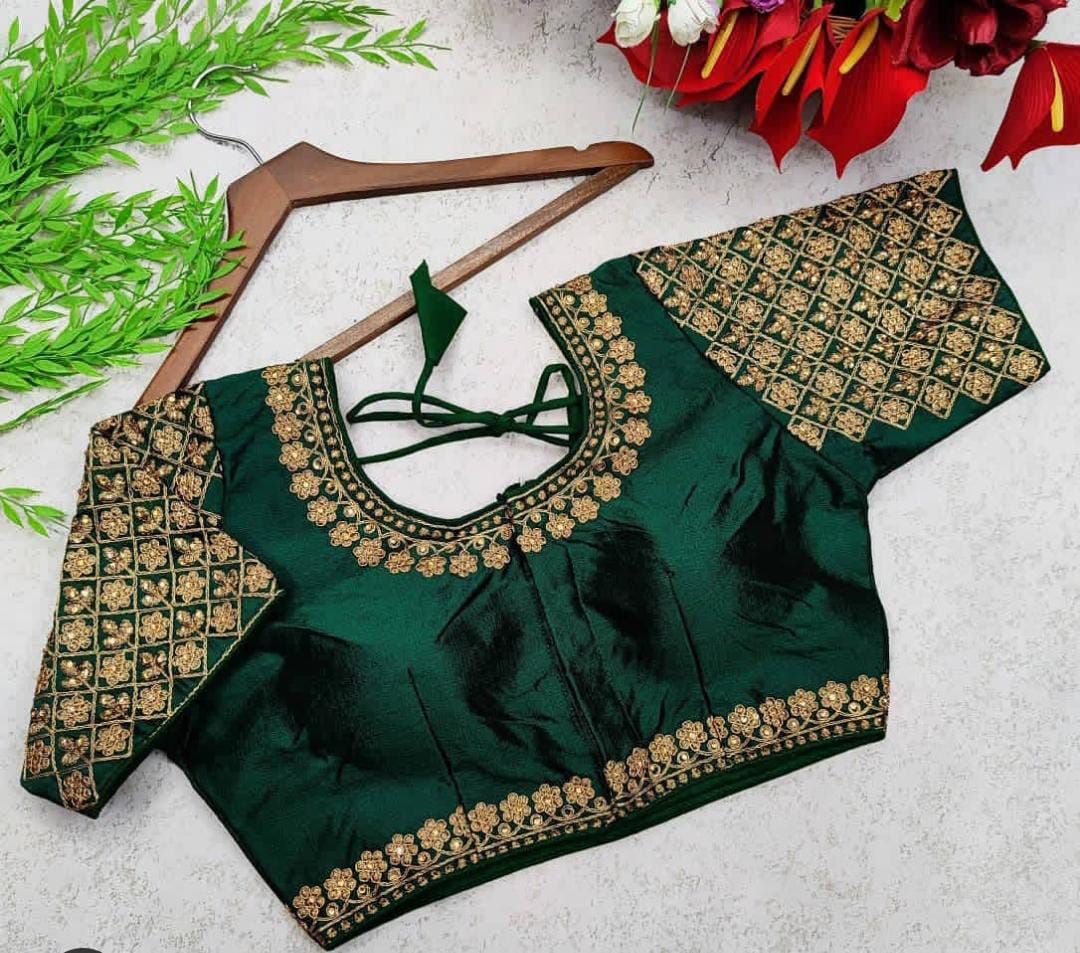 Flattering Green Color Phantom Silk Zari Thread Work Blouse For Ladies