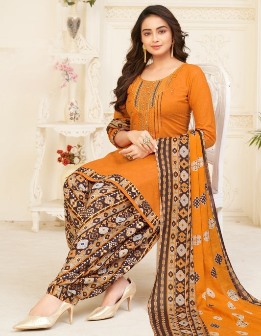Opulent Mustard Color Cotton Embroidered Work Salwar Suit For Ladies