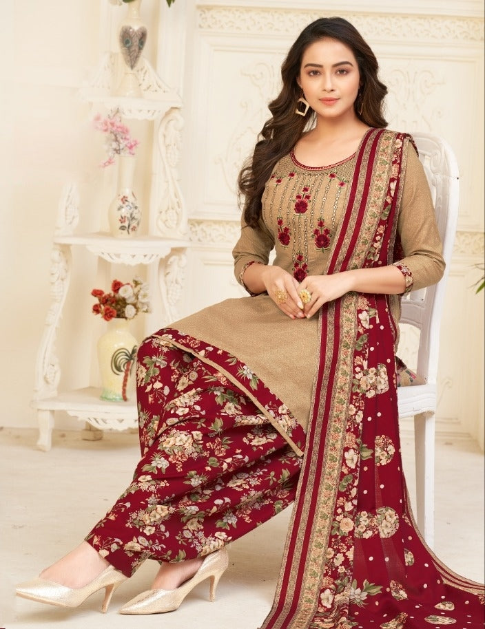 Casual Wear Copper Color Cotton Embroidered Work Salwar Suit