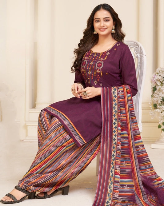 Wine Color Cotton Designer Embroidered Work Cotton Salwar Suit
