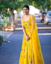 Load image into Gallery viewer, Impressive Yellow Color Georgette Embroidered Work Gown Dupatta For Ladies
