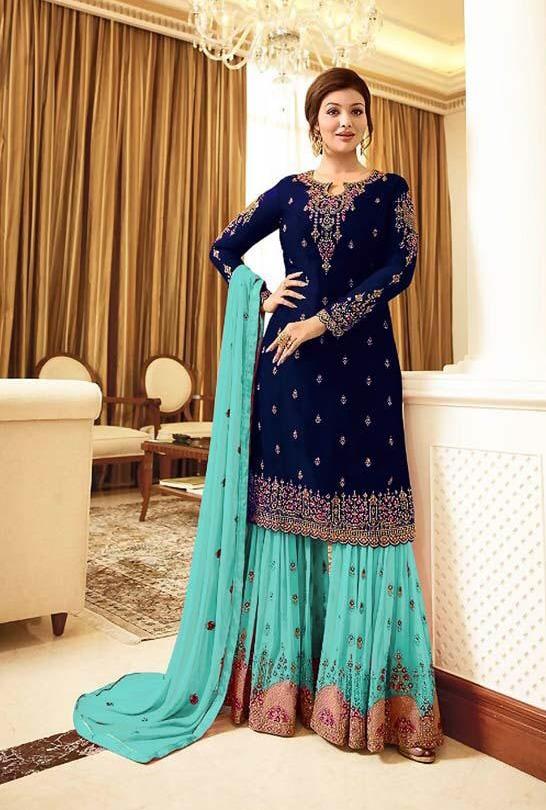 Winning Blue Color Georgette Embroidered Work Salwar Suit For Women