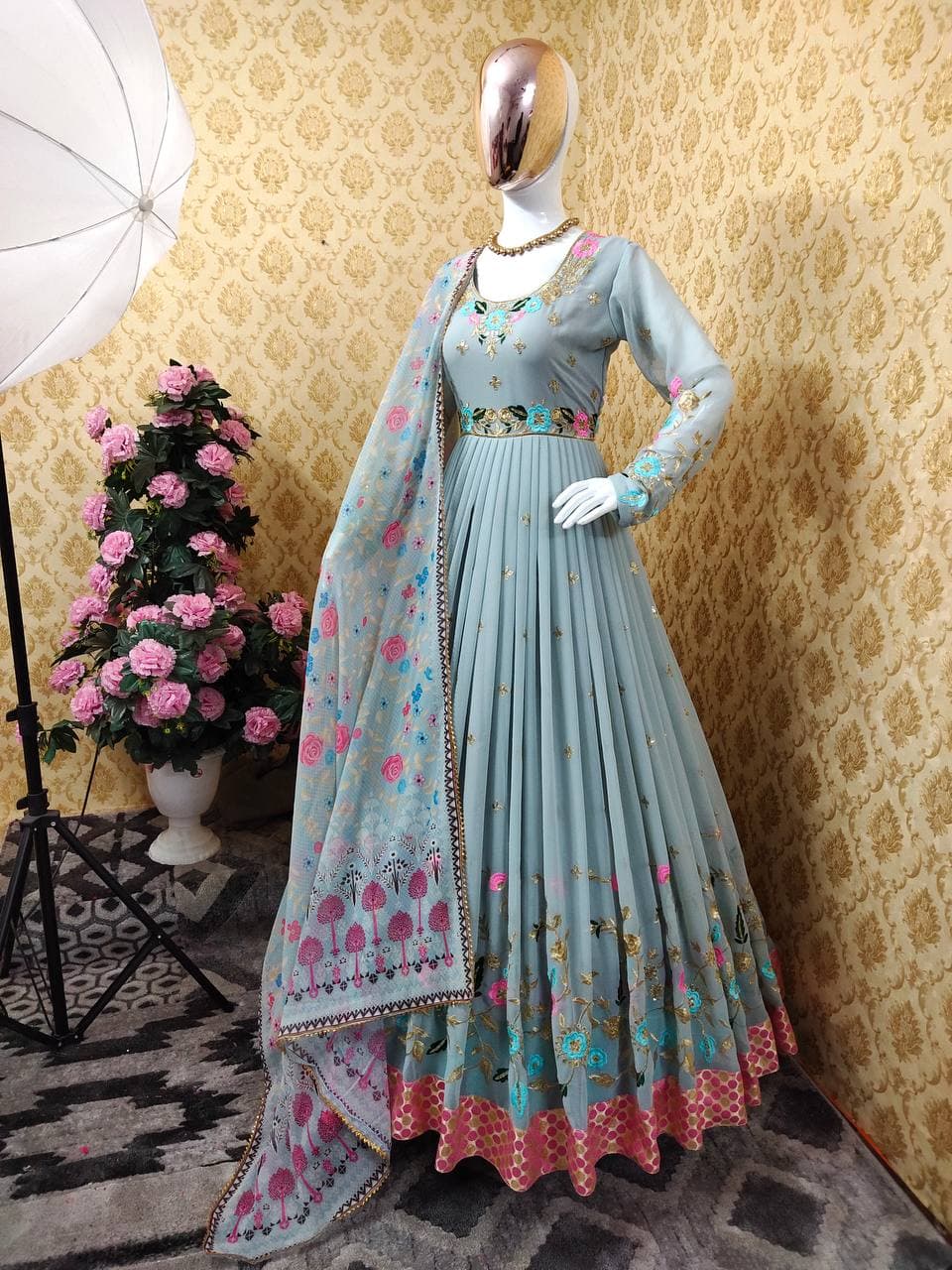 Pleasant Light Blue Color Party Wear Georgette Embroidered Sequence Work Salwar Suit