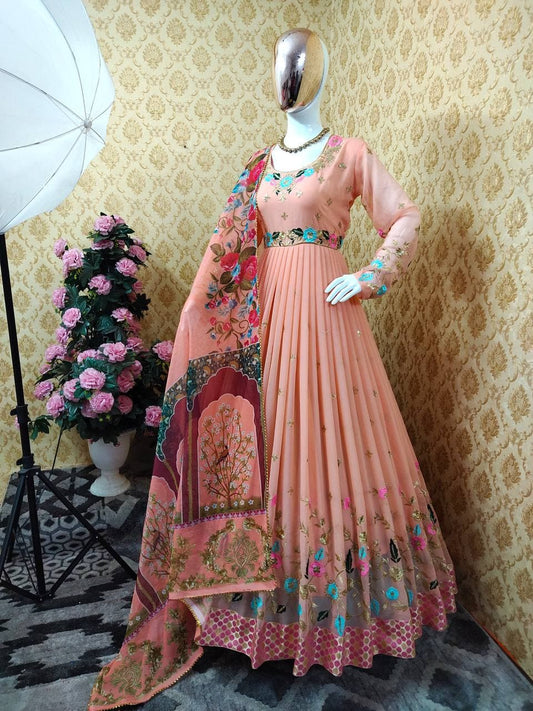 Mind-blowing Peach Color Sequence Jacquard Work Georgette Salwar Suit For Ladies