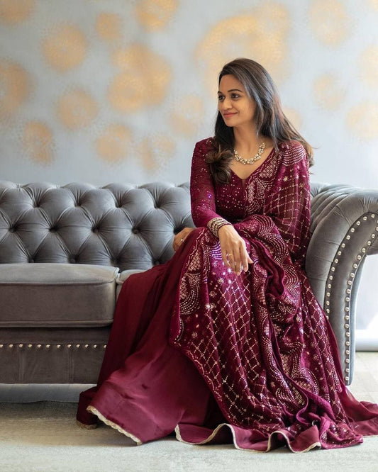Adorable Wine Color Georgette Embroidered Work Salwar Suit For Function Wear