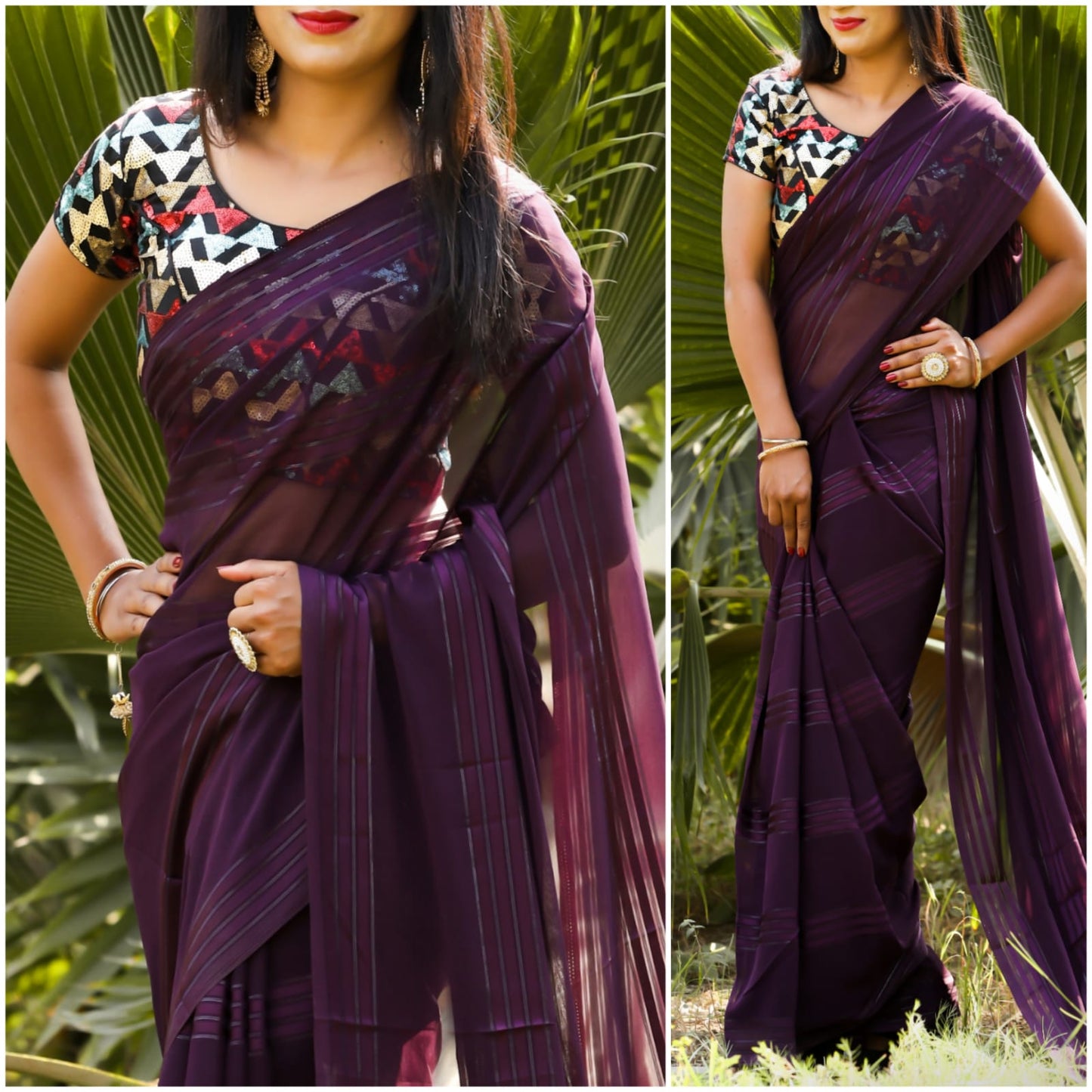 Delightful Wine Color Georgette Zari Work Saree Blouse For Women
