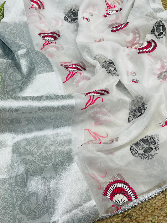 Winning Grey Color Organza Weaving Work Saree Blouse For Party Wear