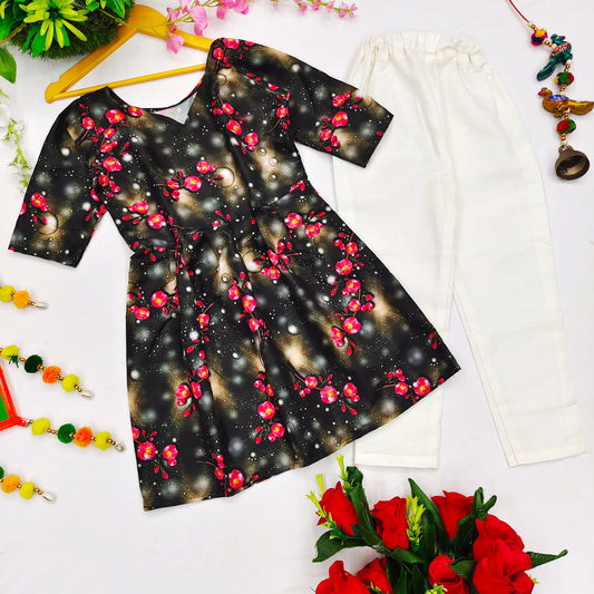 Flattering Black Color Digital printed Rayon Ready Made Plazo Kurti For Kids