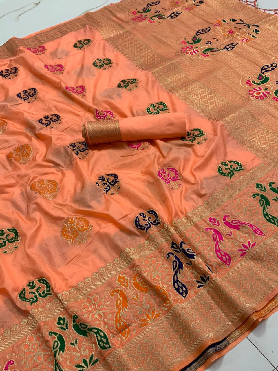 Wedding Wear Peach Color Decent Art Silk Weaving Zari Saree Blouse For Women