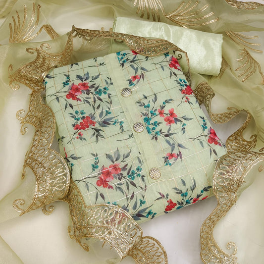 Attractive Sea Green Color Chanderi Printed Checks Design Salwar Suit