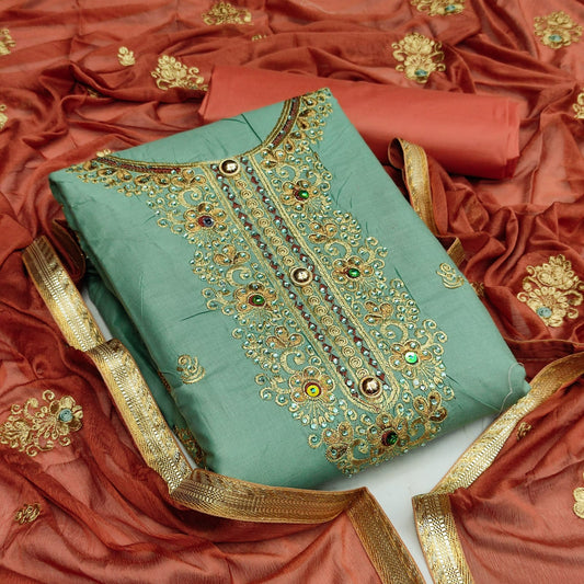 Delightful Sea Green Color Party Wear Cotton Embroidered Work Salwar Suit