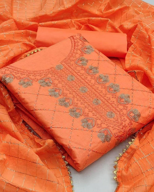 Opulent Orange Color Sequence Work Occasion Wear Cotton Salwar Suit