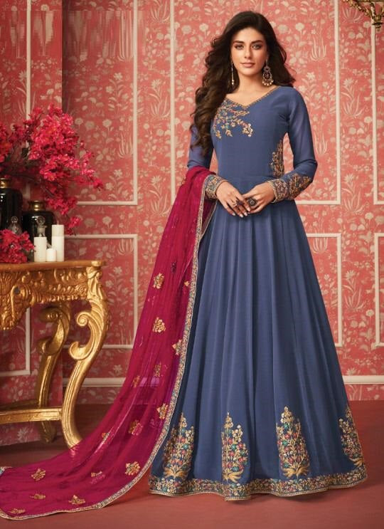 Classic Blue Faux Georgette Embroidered Designer Salwar Suit For Function Wear