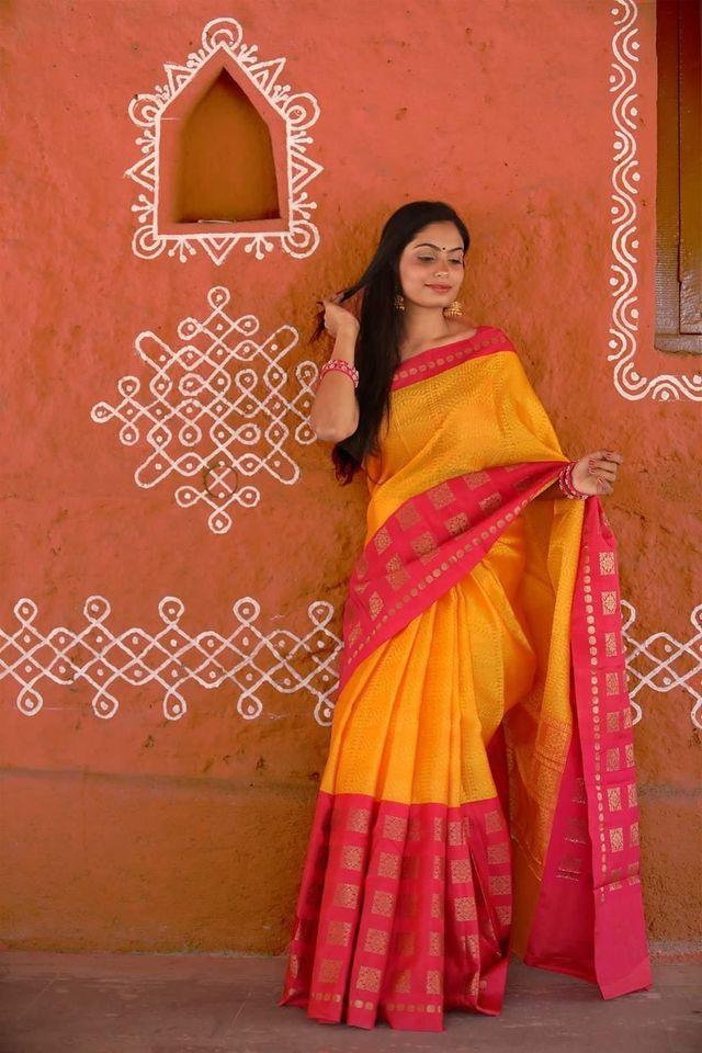 Flattering Mustard Color Designer Silk All Over Zari Weaving Border Saree Blouse For Wedding Wear