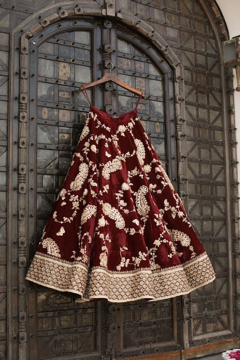 Bridal Wear Maroon Color Velvet Embroidered Work Lehenga Choli