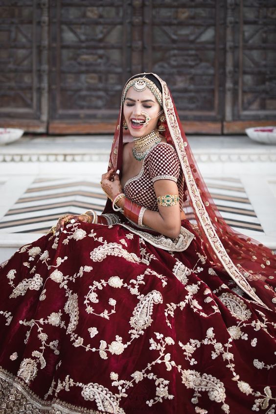 Bridal Wear Maroon Color Velvet Embroidered Work Lehenga Choli