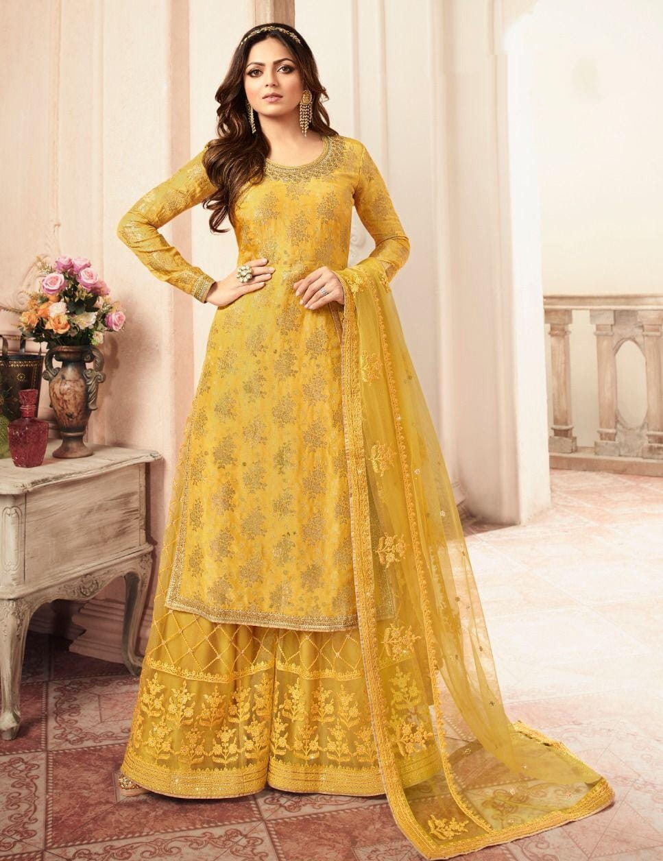 Imposing Mustard Color Festive Wear Jacquard Silk Embroidered Work Plazo Salwar Suit For Women