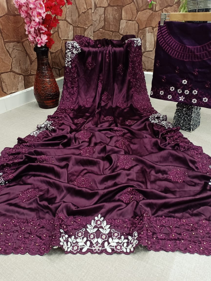 Dashing Wine Color Designer Crape Silk Designer Party Wear Embroidered Cotton Thread Diamond Work All Over Saree Blouse