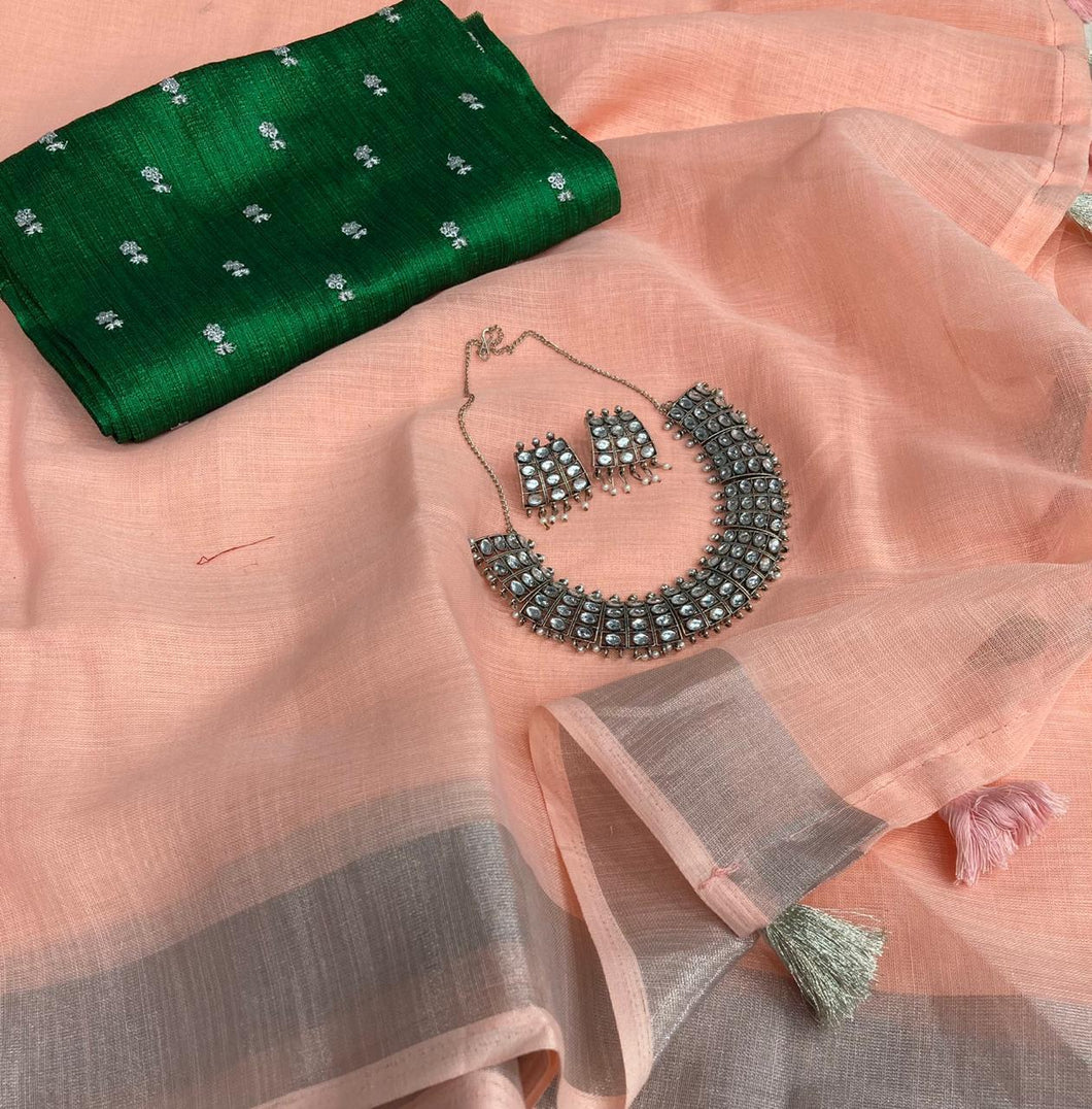 Peach Color Spectacular Linen Cotton Design Silver Zari Weaving Patta Border Saree Blouse
