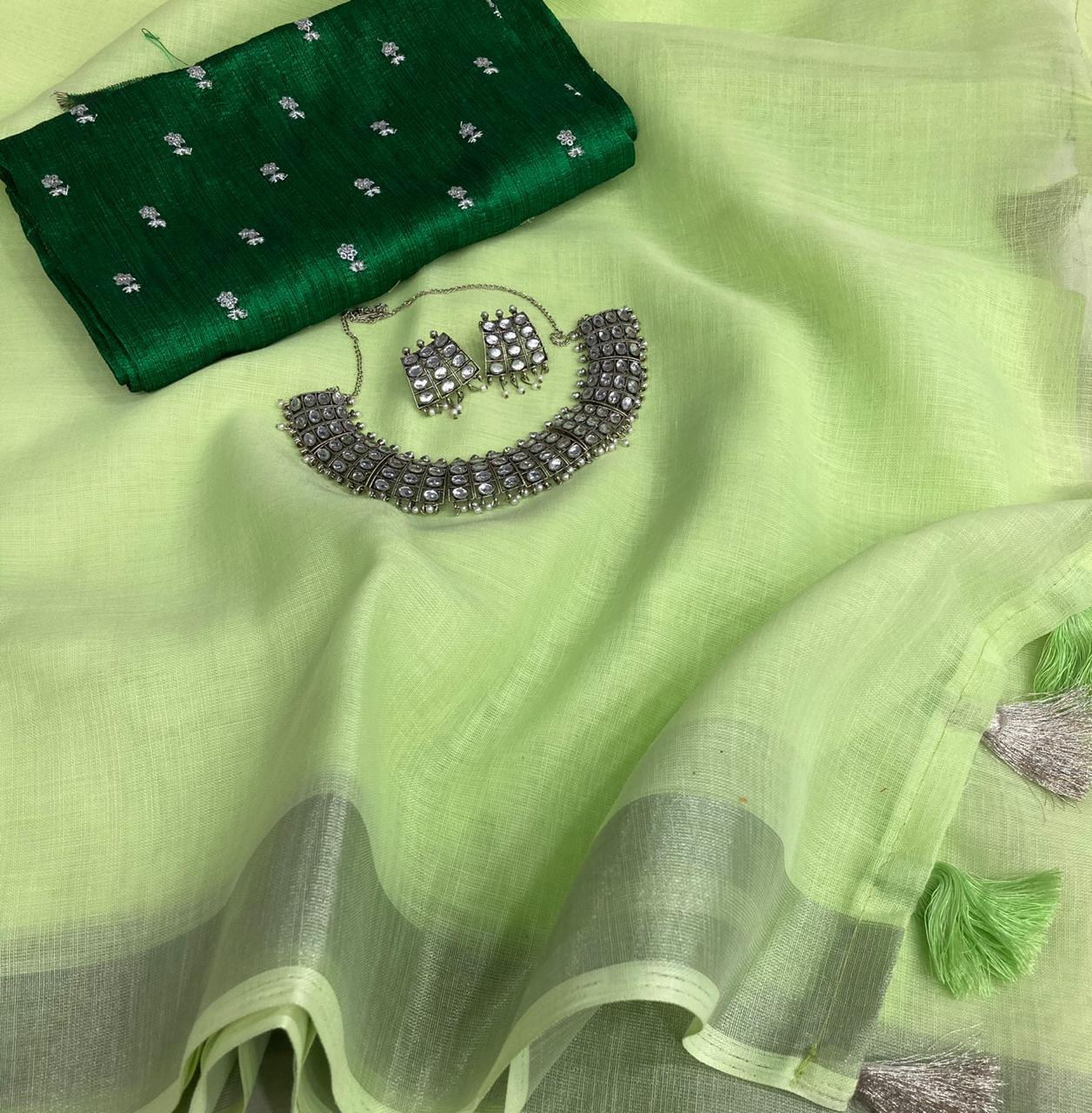 Astounding Green Color Function Wear Linen Cotton Designer Weaving Silver Zari Patta Border Saree Blouse