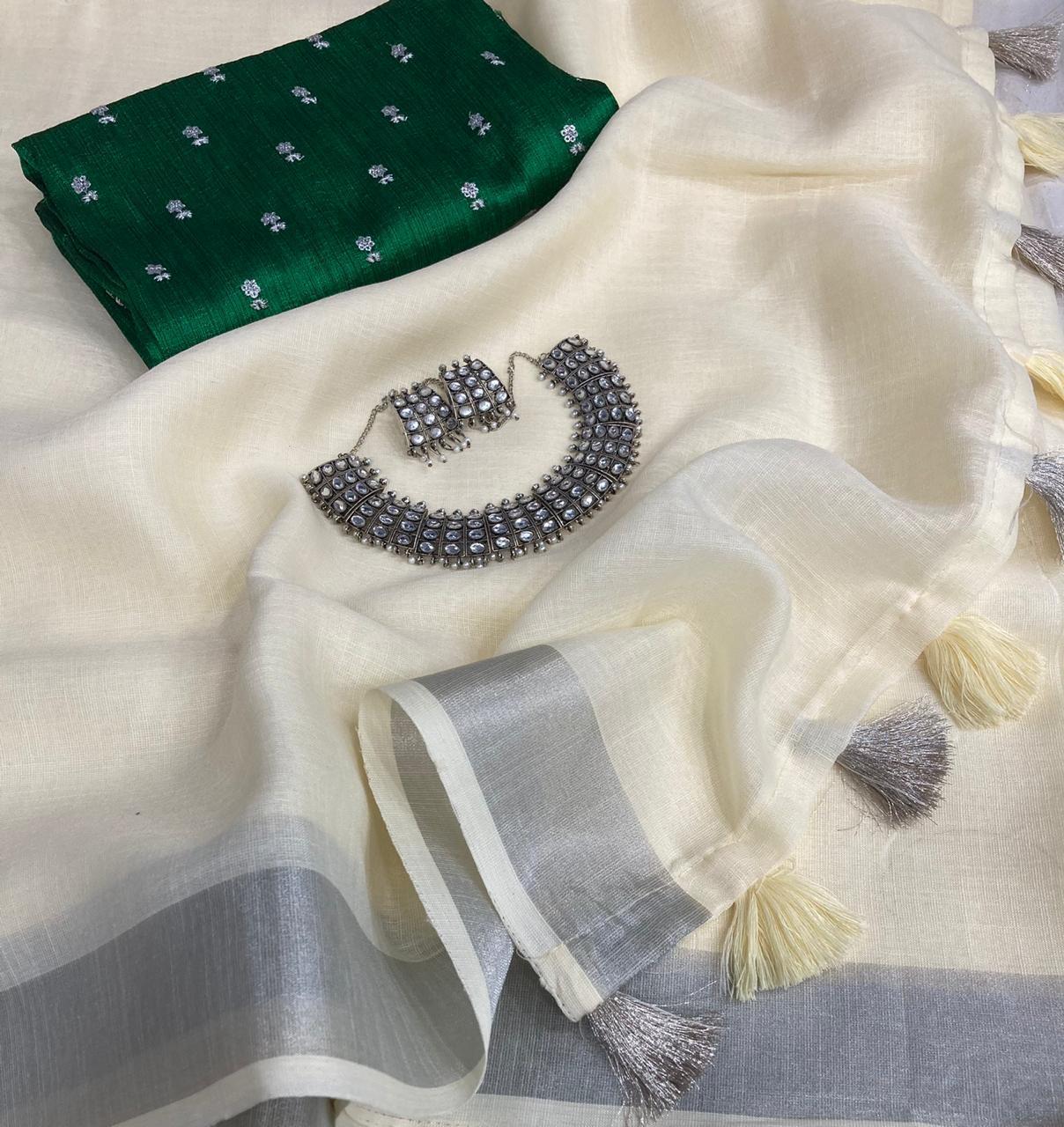 Festival Wear Off White Color Amazaballs Zari Weaving Silver Patta Border Linen Cotton Design Saree Blouse For Women