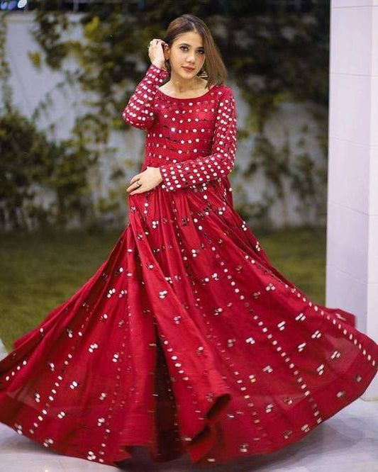 Pretty Red Color Georgette Mirror Embroidered Work Salwar Suit