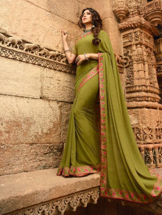 Enhancing Mehendi Green Color Georgette Designer Printed Border Party Wear Saree Blouse