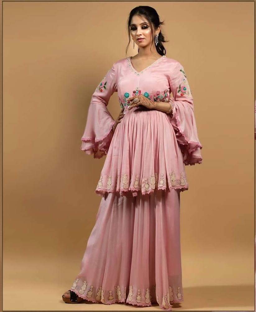 Attractive Pink Color Georgette Embroidered Work Sharara Salwar Suit Design