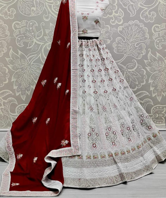 Bridal Wear White Color Georgette Embroidered Multi Work Lehenga Choli