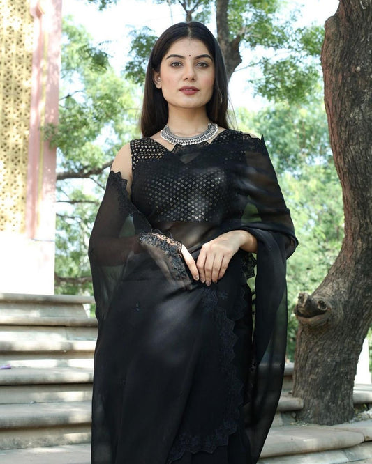 Decent Black Color Georgette Embroidered Work Saree Blouse For Party Wear
