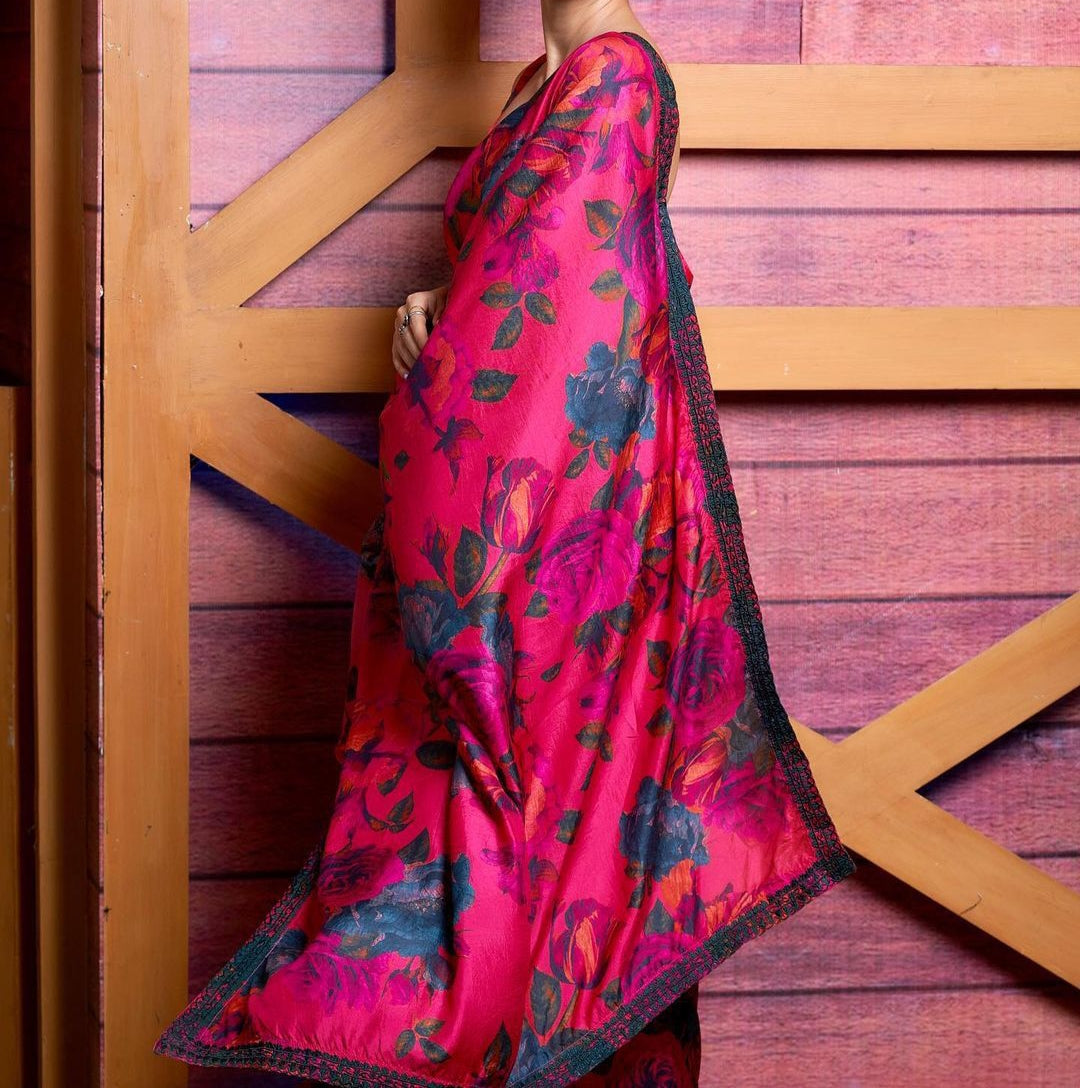 Mind-blowing Rani Pink Color Georgette Embroidered Printed Work Saree Blouse