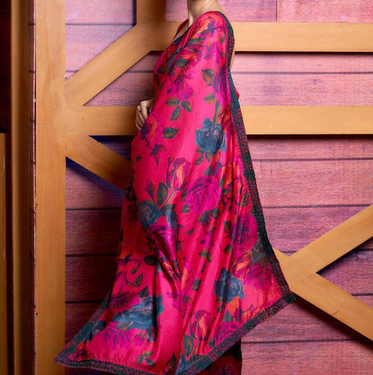 Mind-blowing Rani Pink Color Georgette Embroidered Printed Work Saree Blouse
