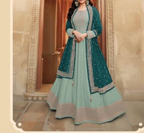 Prominent Sea Green Color Embroidered Work Dola Silk Salwar Suit For Party Wear