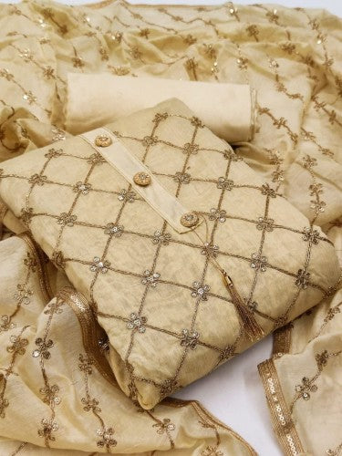 Preferable Cream Color Coding Work Chanderi Salwar Suit For Occasion Wear