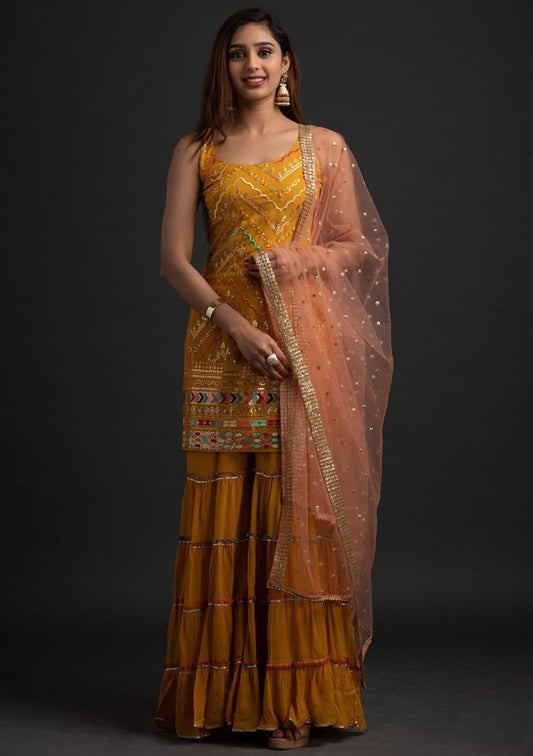Admiring Mustard Color Party Wear Georgette Embroidered Work Sharara Suit