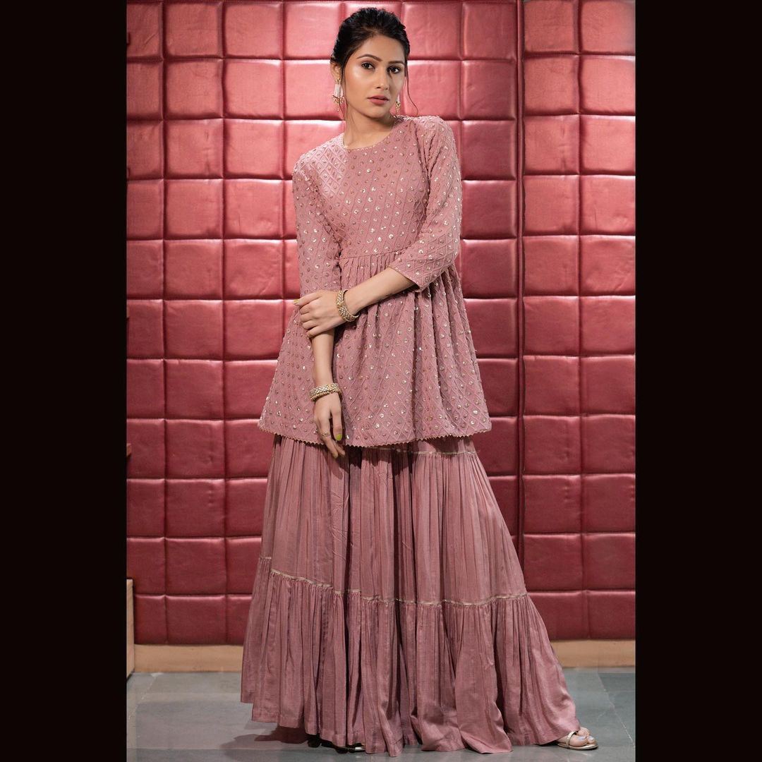 Appealing Pink Color Embroidered Work Georgette Sharara Suit