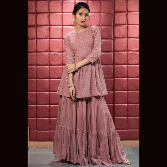 Appealing Pink Color Embroidered Work Georgette Sharara Suit