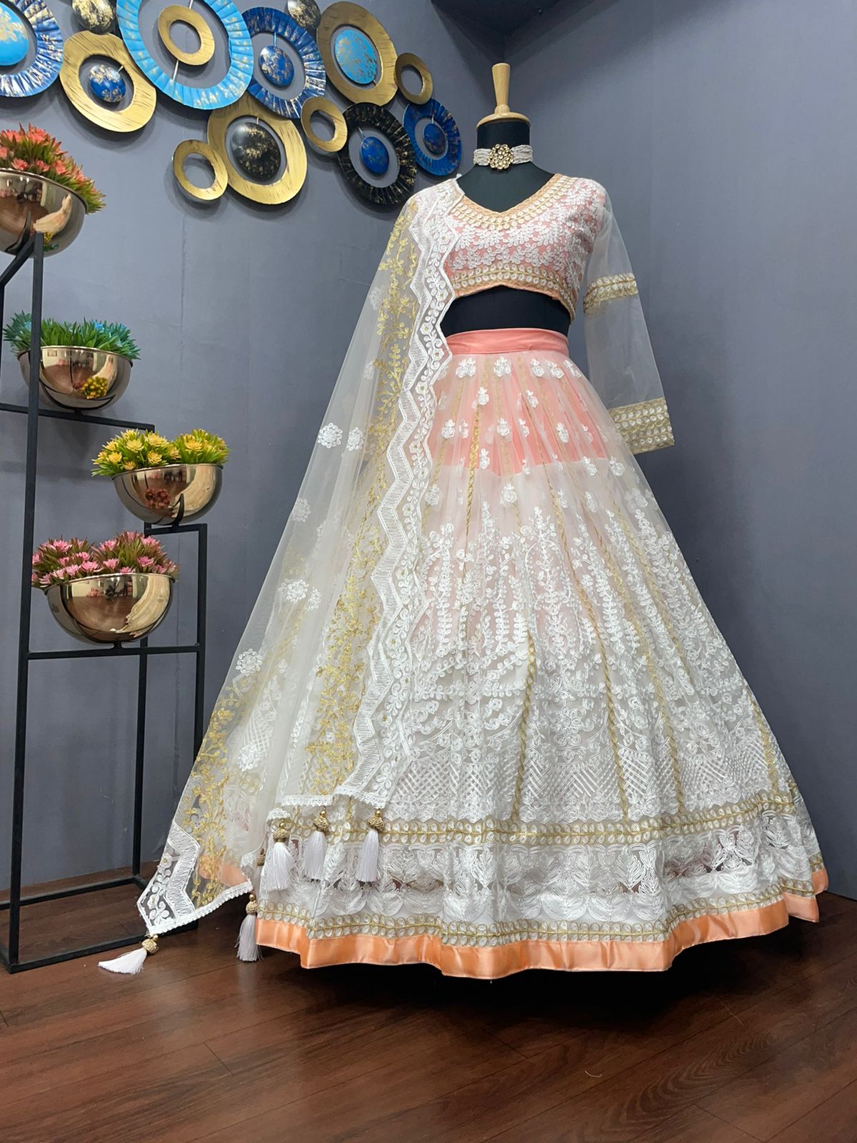 Shattering White Color Festive Wear Net Chine Stitched Work Lehenga Choli